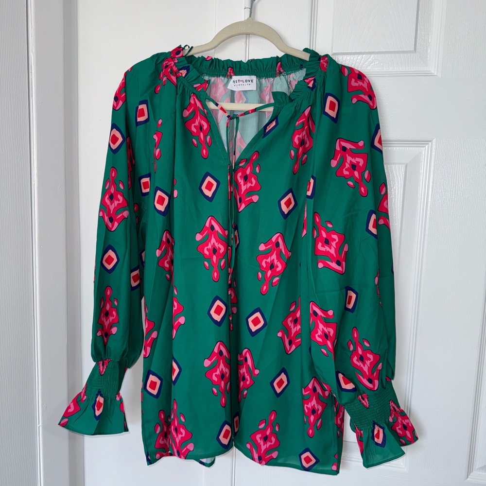 First Love Green and Pink Patterned Blouse